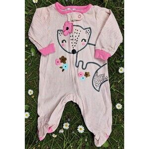 Baby Girl Pink & White Striped Fox Footed Sleeper One-Piece Zipper Pajamas 0-3